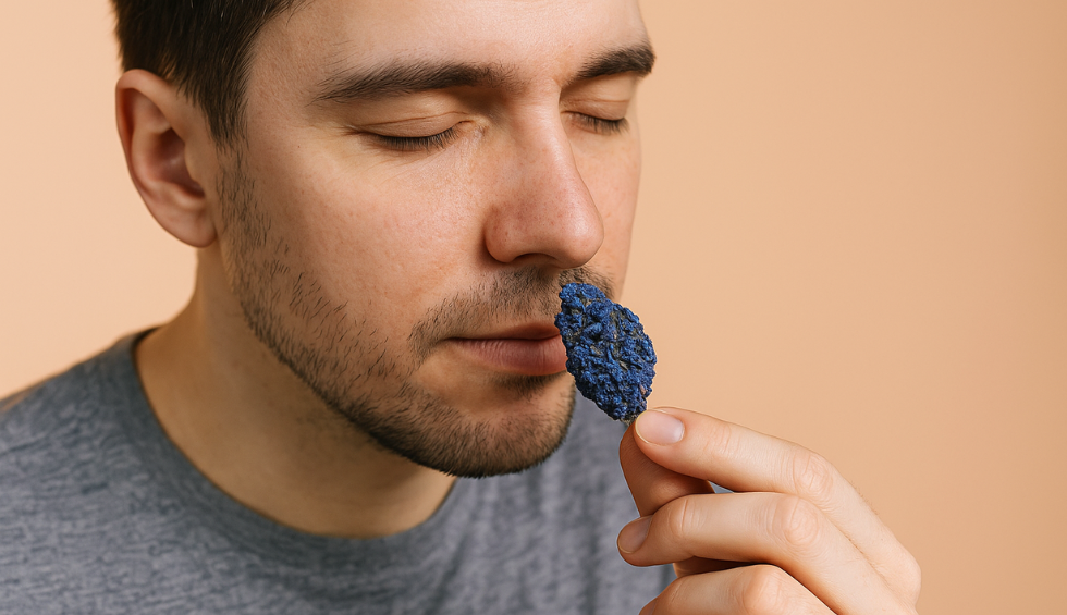 Man smelling a Blue Coma cannabis bud with eyes closed, focusing on its distinct aroma