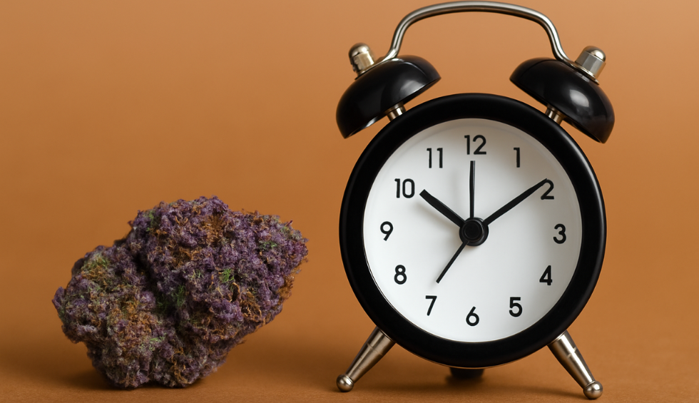 Purple cannabis bud next to a black alarm clock, symbolizing the duration of a cannabis high