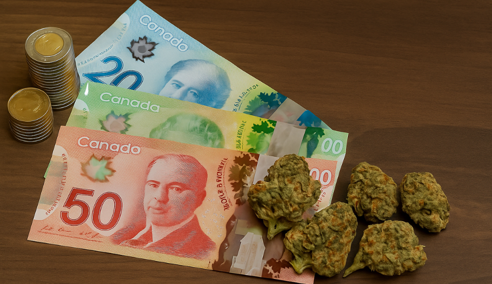 Canadian currency and cannabis buds on a table symbolizing potential savings when purchasing wholesale cannabis in bulk
