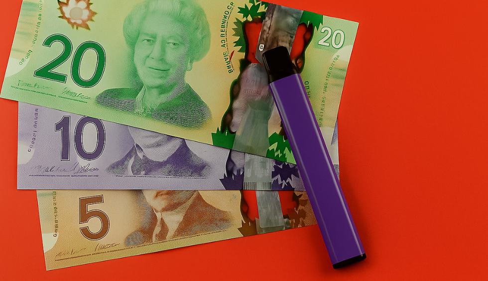 Weed pen placed on Canadian bills against a red background, illustrating the cost of a weed pen in Canada