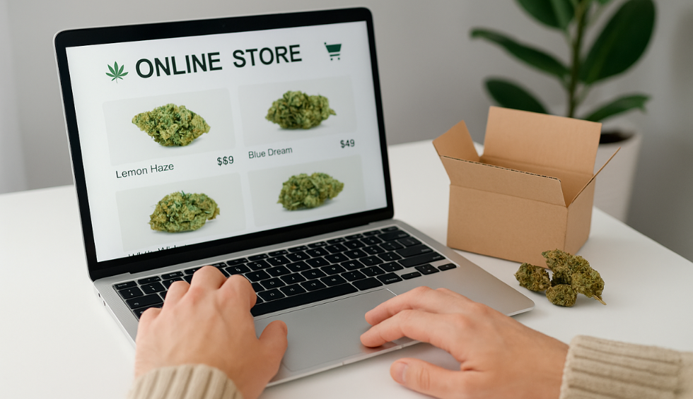 Person browsing cannabis products on an online store, with packaging and buds beside the laptop