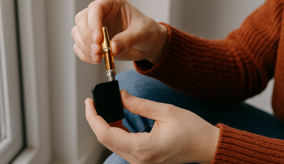 Person assembling a weed vape pen cartridge—illustrating how to dose a weed vape pen in Canada