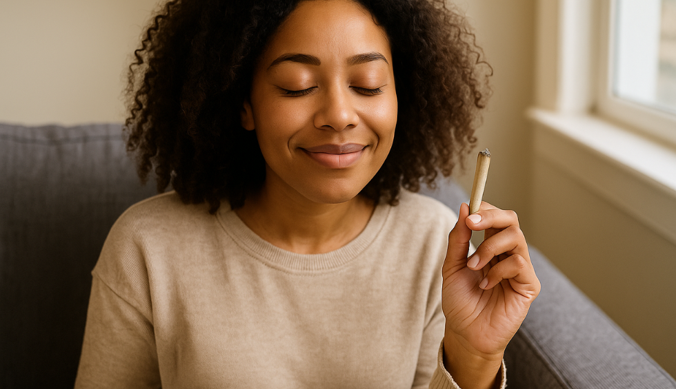 Woman relaxing on a couch while smoking a joint, representing how to enjoy the Fruity Pebbles strain