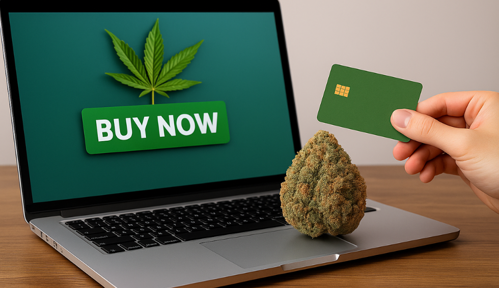 A hand holding a green credit card near a laptop with a cannabis bud and a "BUY NOW" button on screen