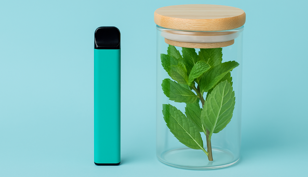 Disposable weed vape pen standing next to a glass jar containing fresh mint leaves
