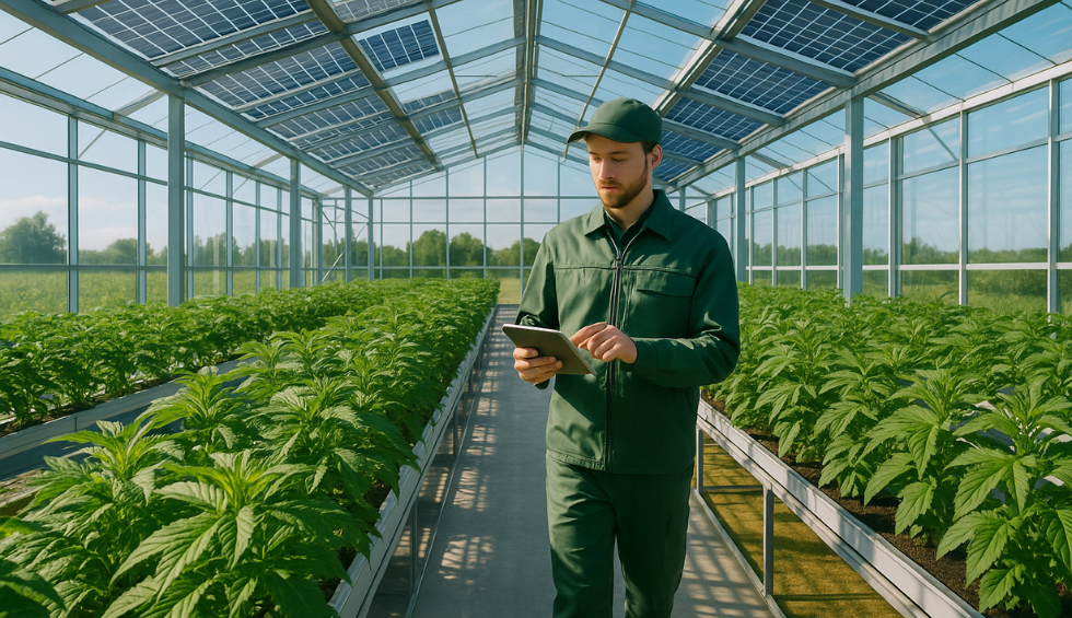 Worker inspecting cannabis plants in a greenhouse, representing innovation and sustainable practices in BC pot online