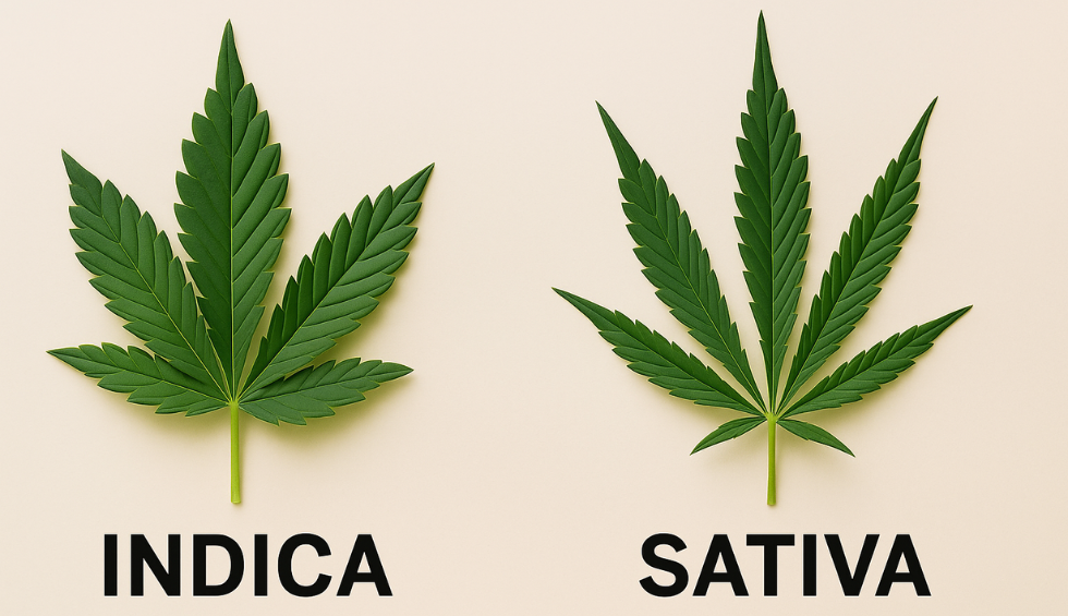 Side-by-side cannabis leaves labeled Indica and Sativa to compare the Biscotti strain's classification