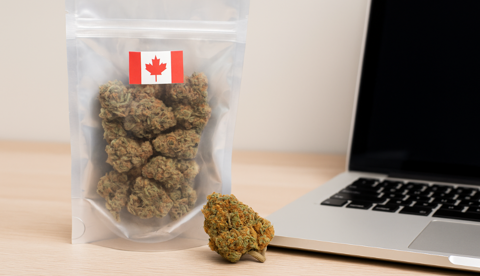 A sealed cannabis pouch with a Canadian flag beside a laptop, representing the convenience of buying the Biscotti weed strain online in Canada