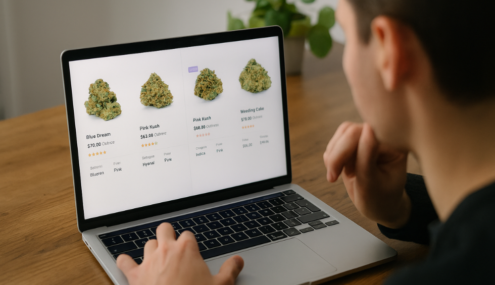A person browsing different cannabis strains and prices on a laptop, comparing product options online
