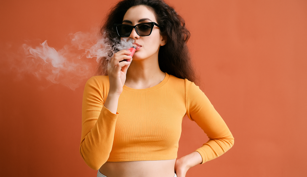 Confident woman in sunglasses vaping with a relaxed expression, exhaling vapor, capturing the vibe of "Just puff, smile, and let it go