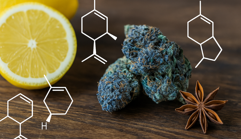 Blue Coma cannabis buds with lemon, star anise, and terpene structures highlighting aroma profile