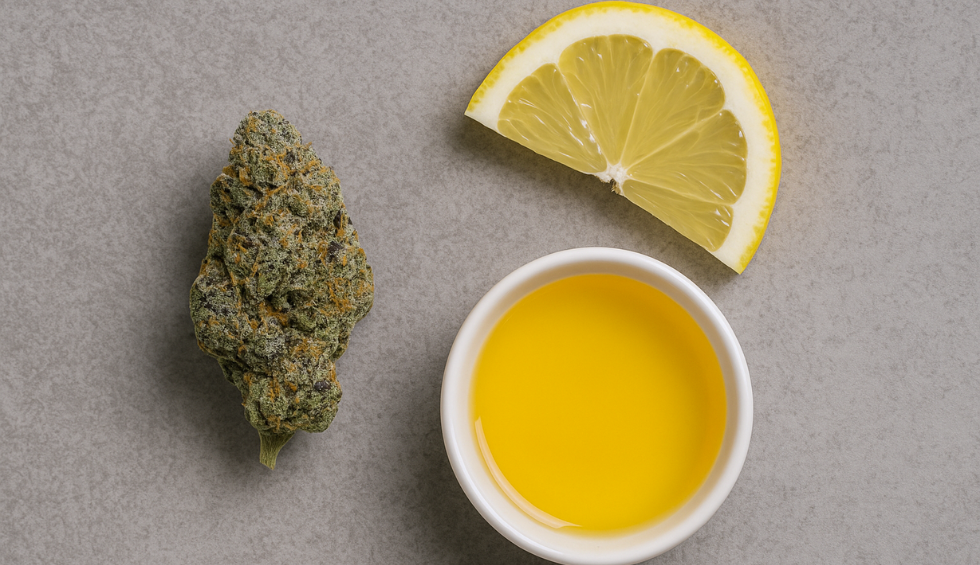 Cannabis bud with lemon slice and limonene oil on gray background