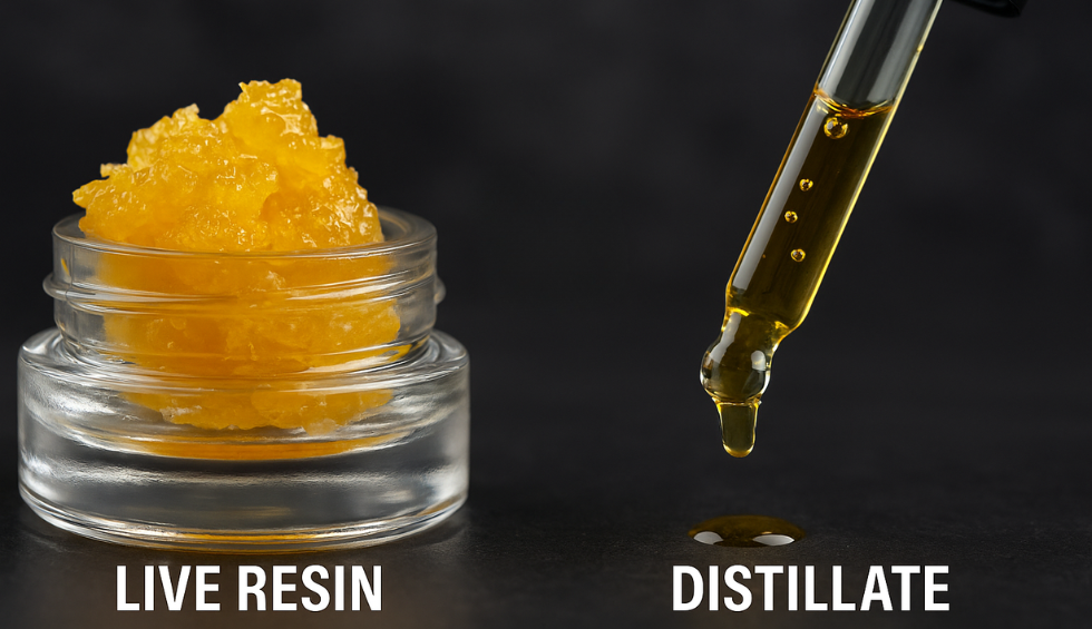 Side-by-side comparison of live resin and THC distillate, highlighting texture and form differences