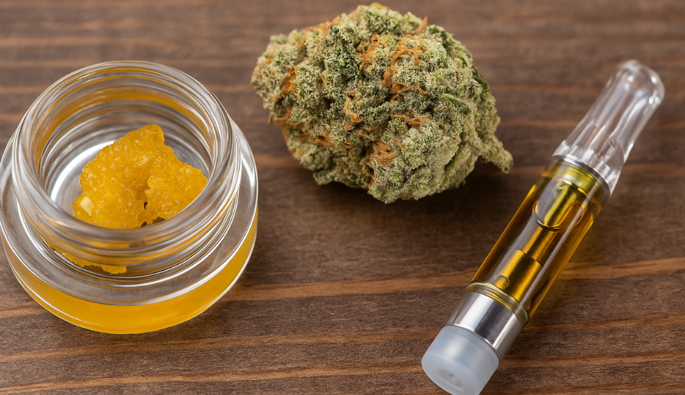 Live resin vs distillate: cannabis concentrate jar, vape cartridge, and bud on wood table in Canada