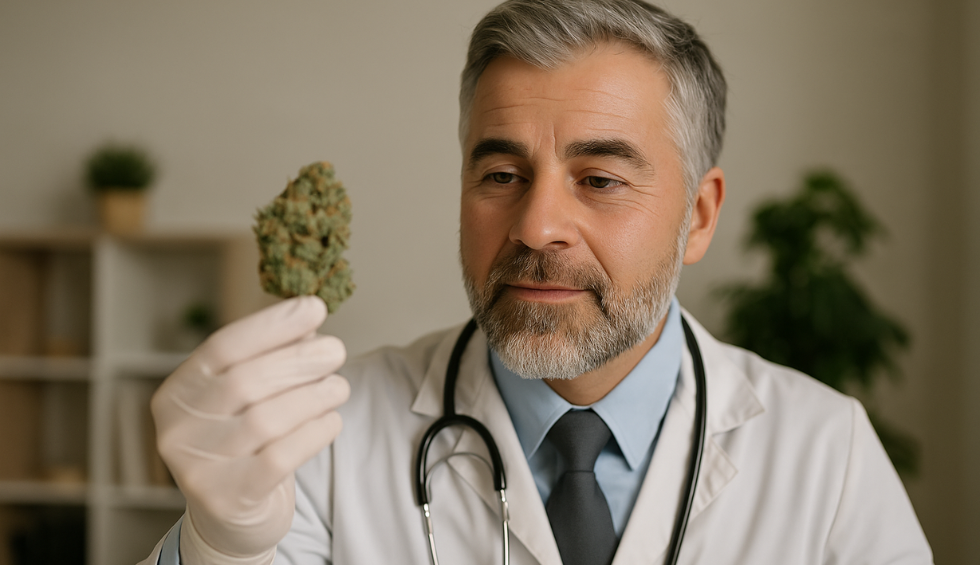 A doctor in a lab coat examining a cannabis bud, representing the medical benefits of Grease Monkey weed