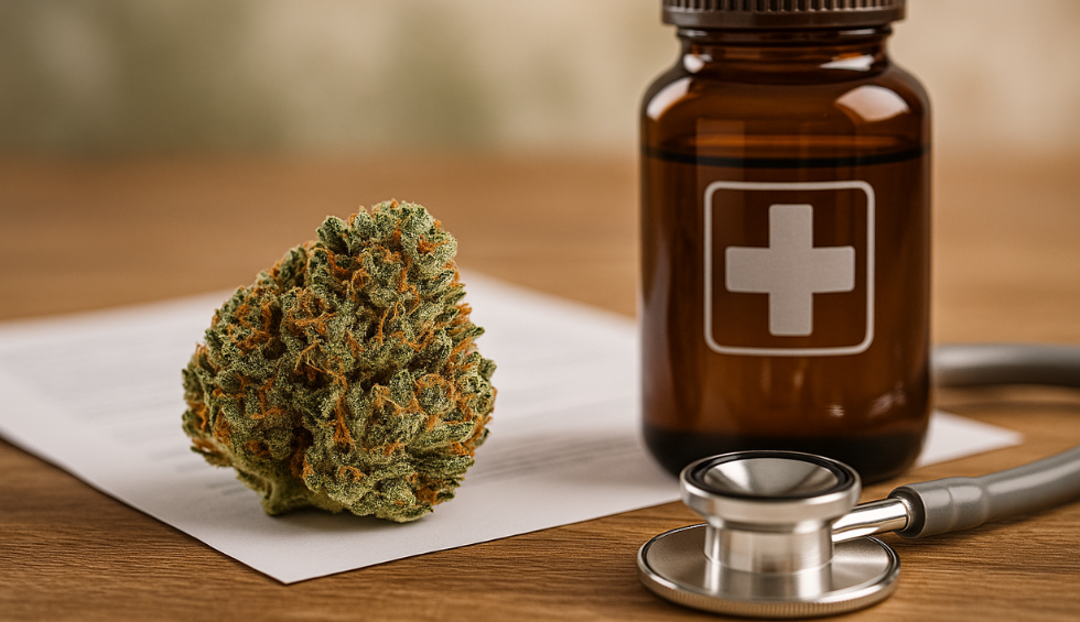 Black Tuna cannabis bud next to a medical bottle and stethoscope, symbolizing potential medical benefits of the strain