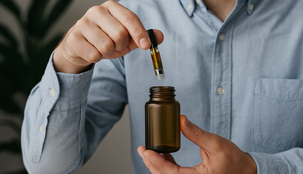 Man holding a THC vape cartridge above a refill bottle, promoting vape refills at DispensaryNearMeNow