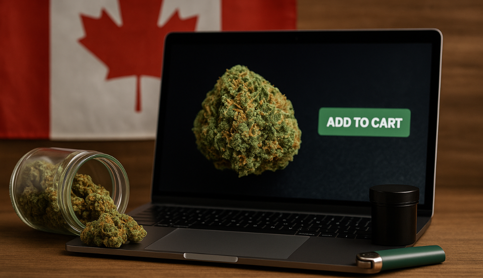 Laptop screen displaying cannabis bud with "Add to Cart" button and Canadian flag—order pot online in Canada