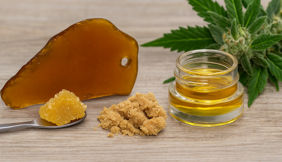 Various cannabis concentrates including shatter, crumble, resin, and oil displayed on a wooden surface
