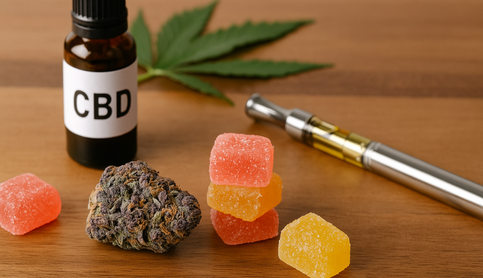 Assorted cannabis products including CBD oil, gummies, flower, and a vape pen that can affect your high