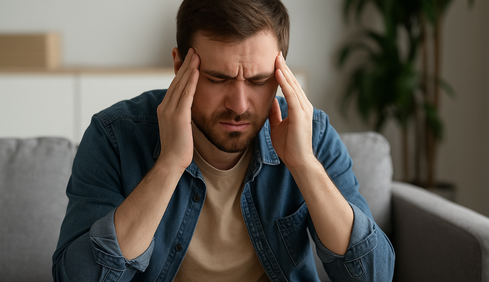 Man holding head in discomfort, representing possible side effects of the Grease Monkey weed strain