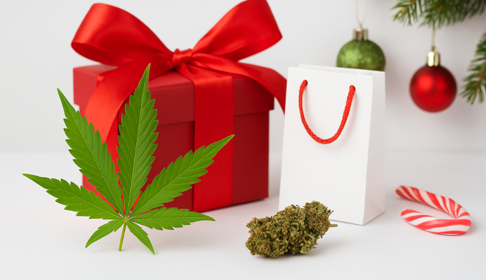 Cannabis bud and leaf with holiday gift box, candy canes, and ornaments symbolizing festive sales