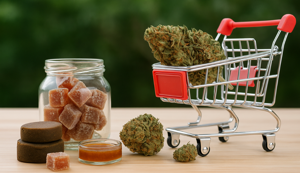 Mini shopping cart filled with cannabis bud, surrounded by hash, gummies, and resin, symbolizing smart deals