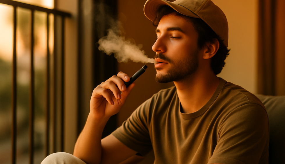 Young man in a cap gently exhaling vapor while using a disposable weed pen, illustrating the concept of taking slow pulls