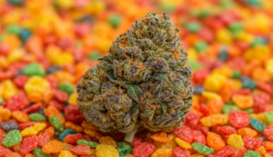 A colorful Fruity Pebbles cannabis bud placed on a bed of fruity cereal pieces, highlighting its vibrant look
