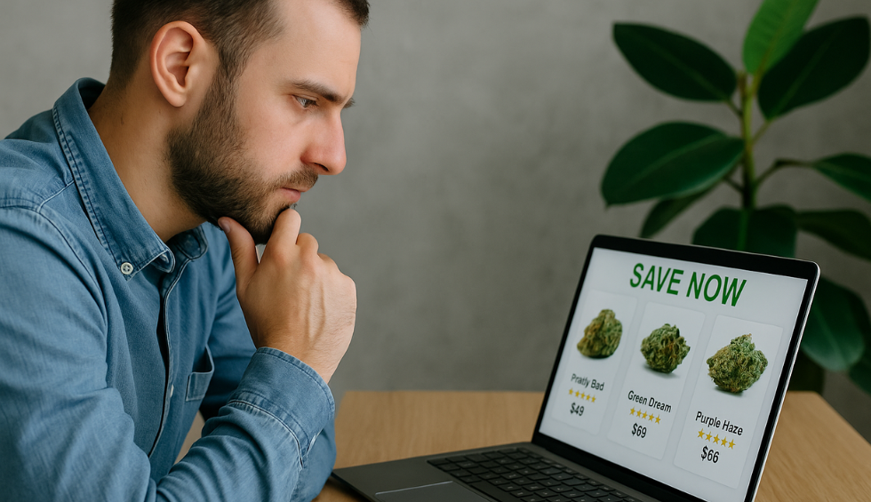 Man browsing discount cannabis products on a laptop, evaluating reliable dispensary options in Canada