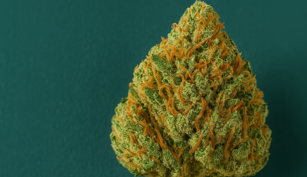 A dense Trainwreck cannabis bud with vibrant orange hairs, representing Trainwreck strain information and potency
