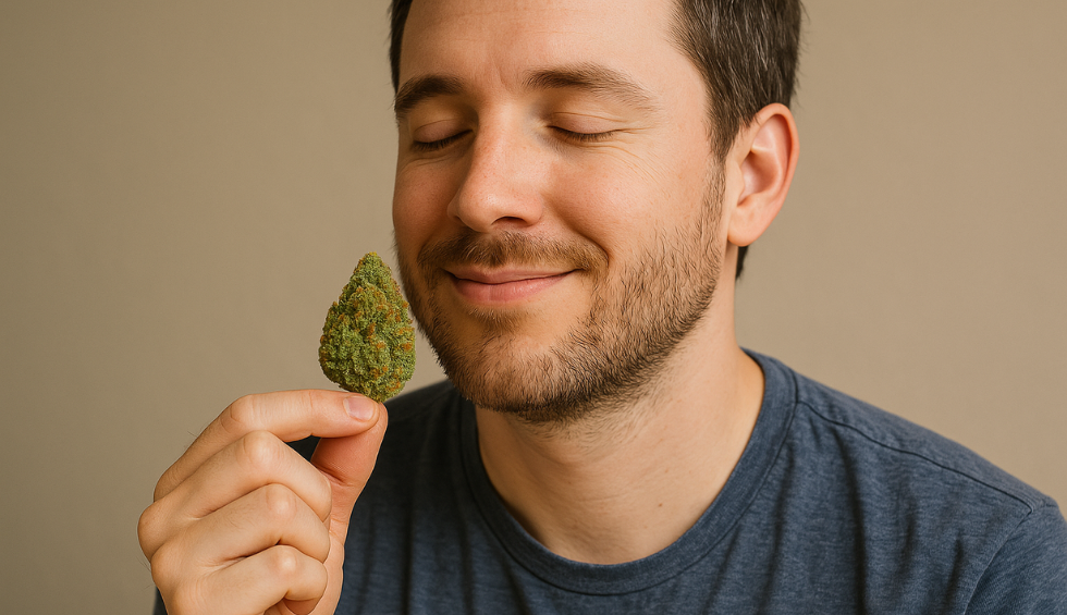 Man smiling with eyes closed while holding a Trainwreck cannabis bud, representing Trainwreck strain information on its effects