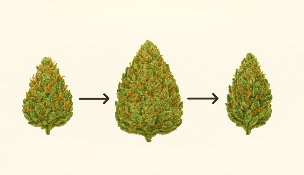 Trainwreck strain information shown through three cannabis buds evolving in size, representing its genetic history