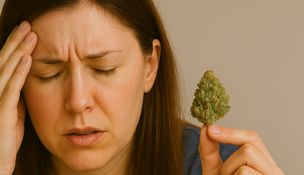 Woman holding a Trainwreck cannabis bud with a pained expression, showing Trainwreck strain information related to possible side effects