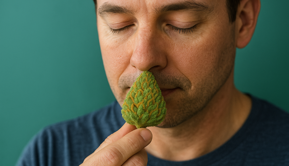 Man smelling a Trainwreck cannabis bud, illustrating Trainwreck strain information related to its aroma and terpene profile