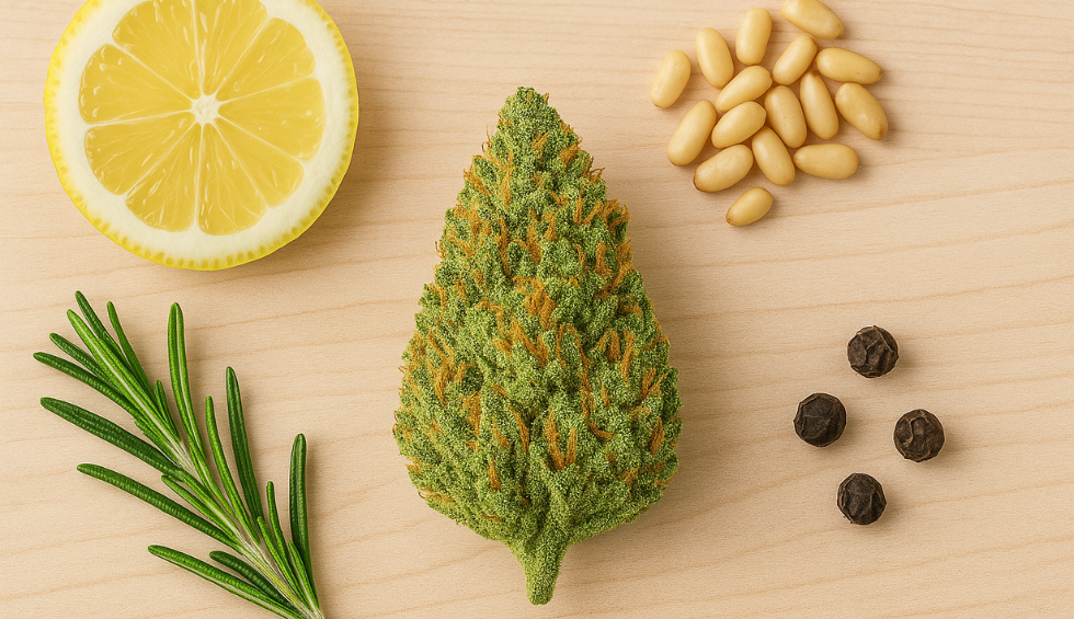 Trainwreck strain information visualized with lemon, rosemary, pepper, and pine nuts to represent its terpene profile