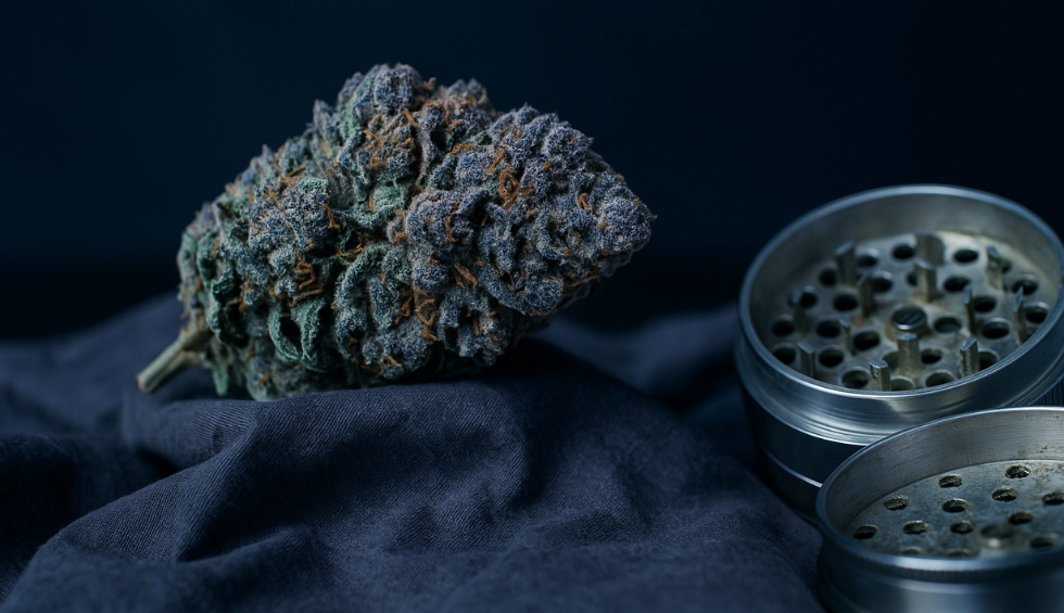 Blue Coma strain cannabis bud beside metal grinder on dark fabric, evoking calm and relaxation
