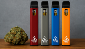 Four colorful THC vape pens next to a cannabis bud on a wooden surface, showcasing top high THC vape picks