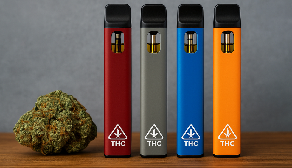 Four colorful THC vape pens next to a cannabis bud on a wooden surface, showcasing top high THC vape picks