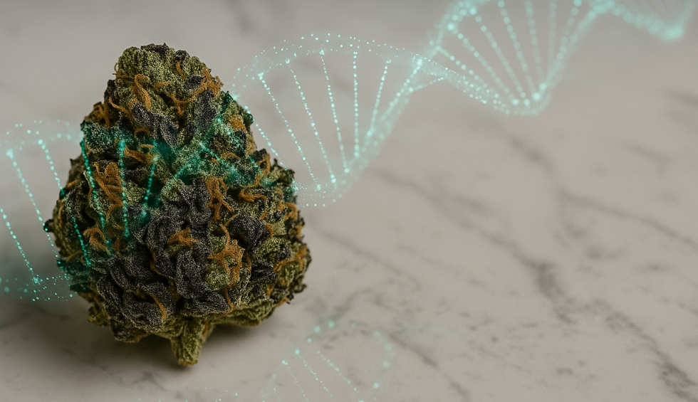 Black Tuna cannabis bud with overlay of glowing DNA helix, symbolizing the strain’s genetic background and hybrid lineage