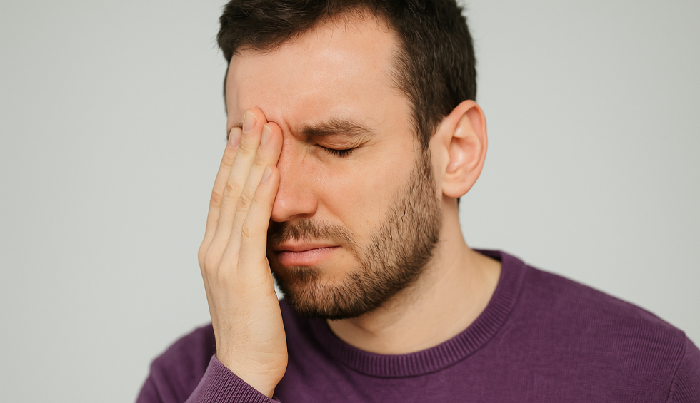 Man in discomfort holding his face, showing a potential side effect of the Blue Coma strain