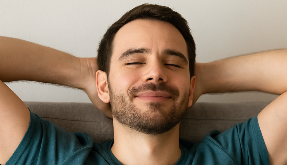 Man relaxing with a calm smile, eyes closed, showing the soothing effects of a THC high