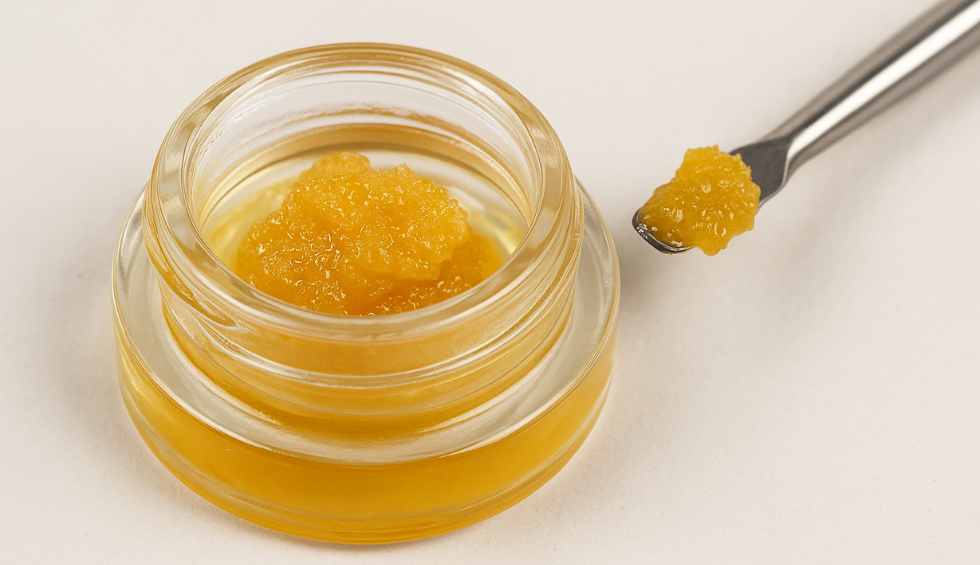 Golden cannabis live resin concentrate in a glass jar with dab tool—what living resin looks like