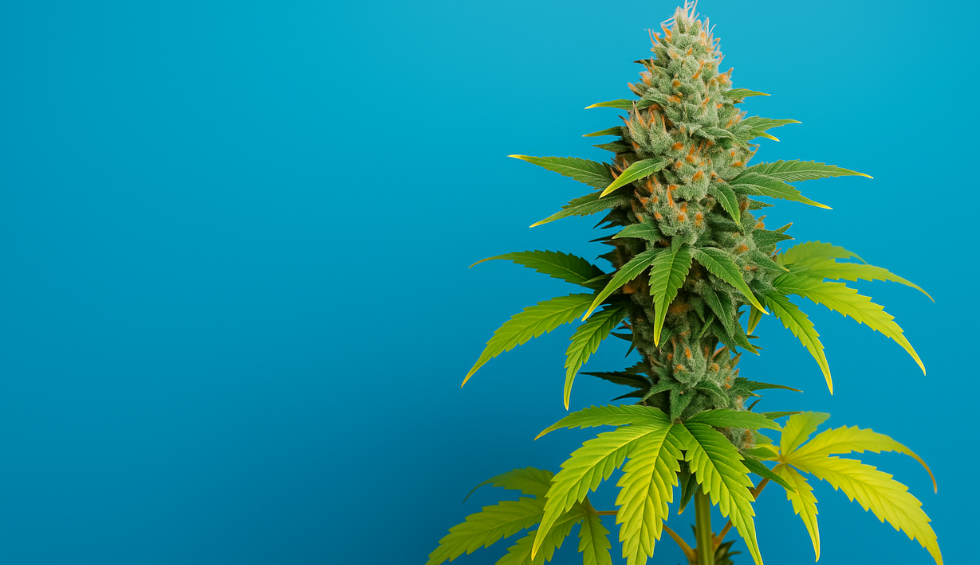 a sativa cannabis plant with bright green leaves and dense buds against a vibrant blue background