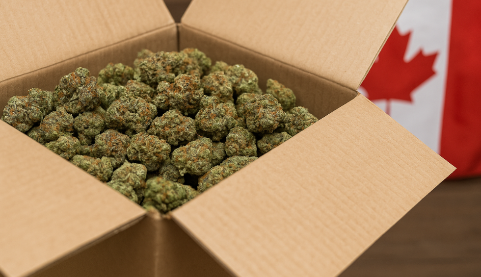 Open cardboard box filled with cannabis buds, placed in front of a Canadian flag, representing wholesale cannabis in Canada