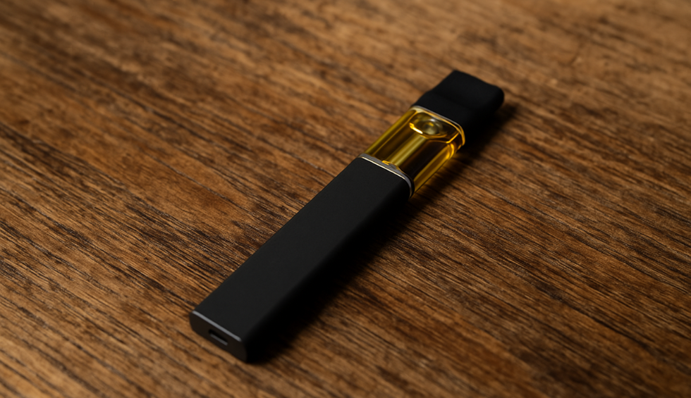 A black disposable weed pen with visible oil chamber, placed on a wooden surface, illustrating what a disposable weed pen is