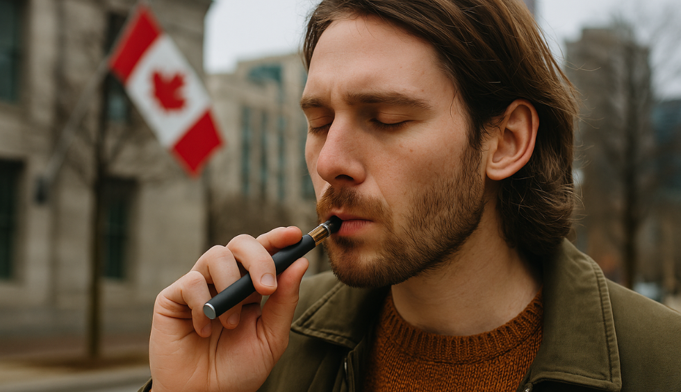 Man using a THC vape pen in Canada with a Canadian flag in the background, representing cannabis vaping culture