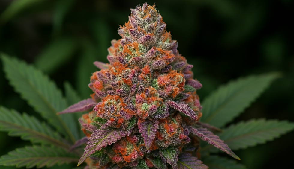 A close-up of the Fruity Pebbles cannabis strain, showcasing its vibrant purple, orange, and green hues