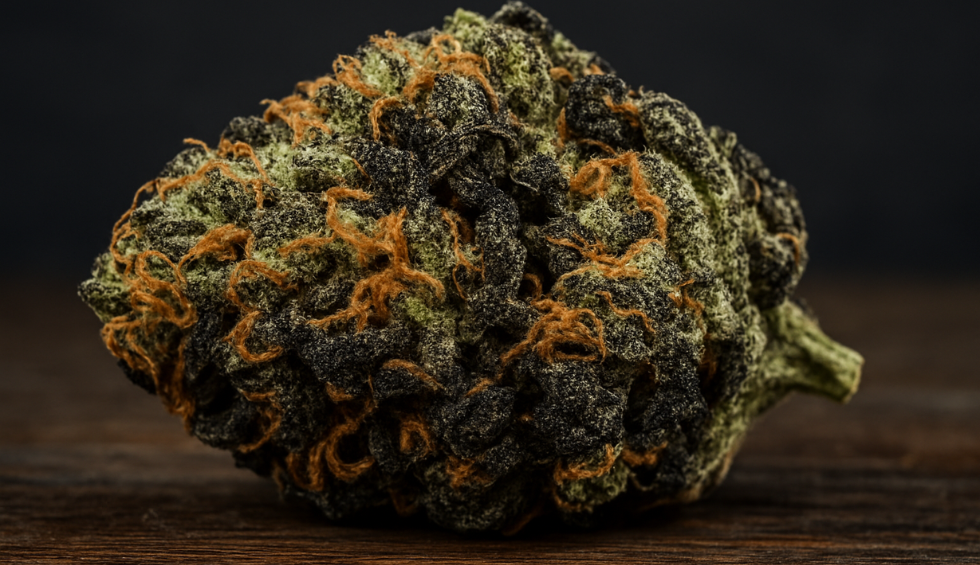 Black Tuna cannabis bud with dark purple and green hues and orange pistils, highlighting its unique strain features