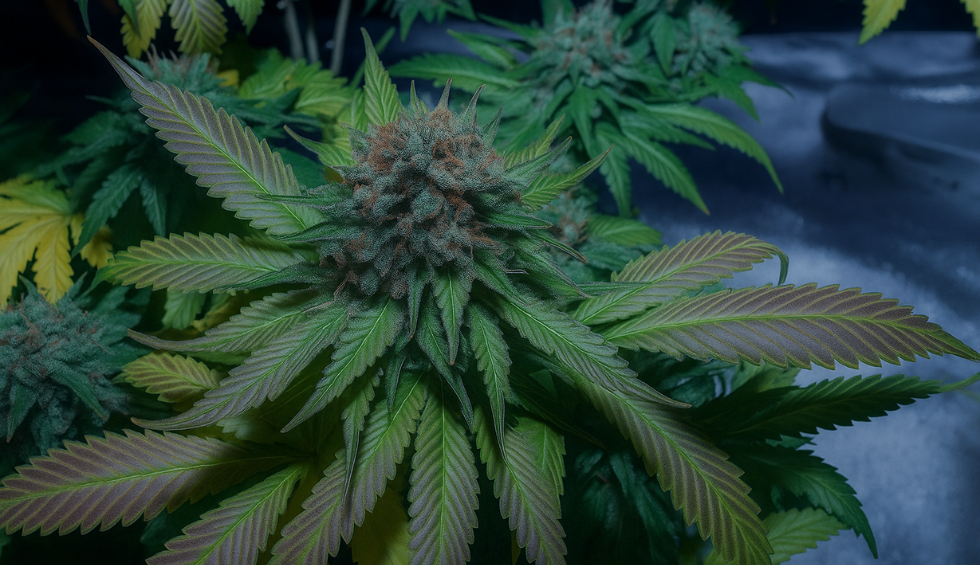 Grease Monkey cannabis plant in full bloom with dense buds and broad, colorful leaves under grow lights